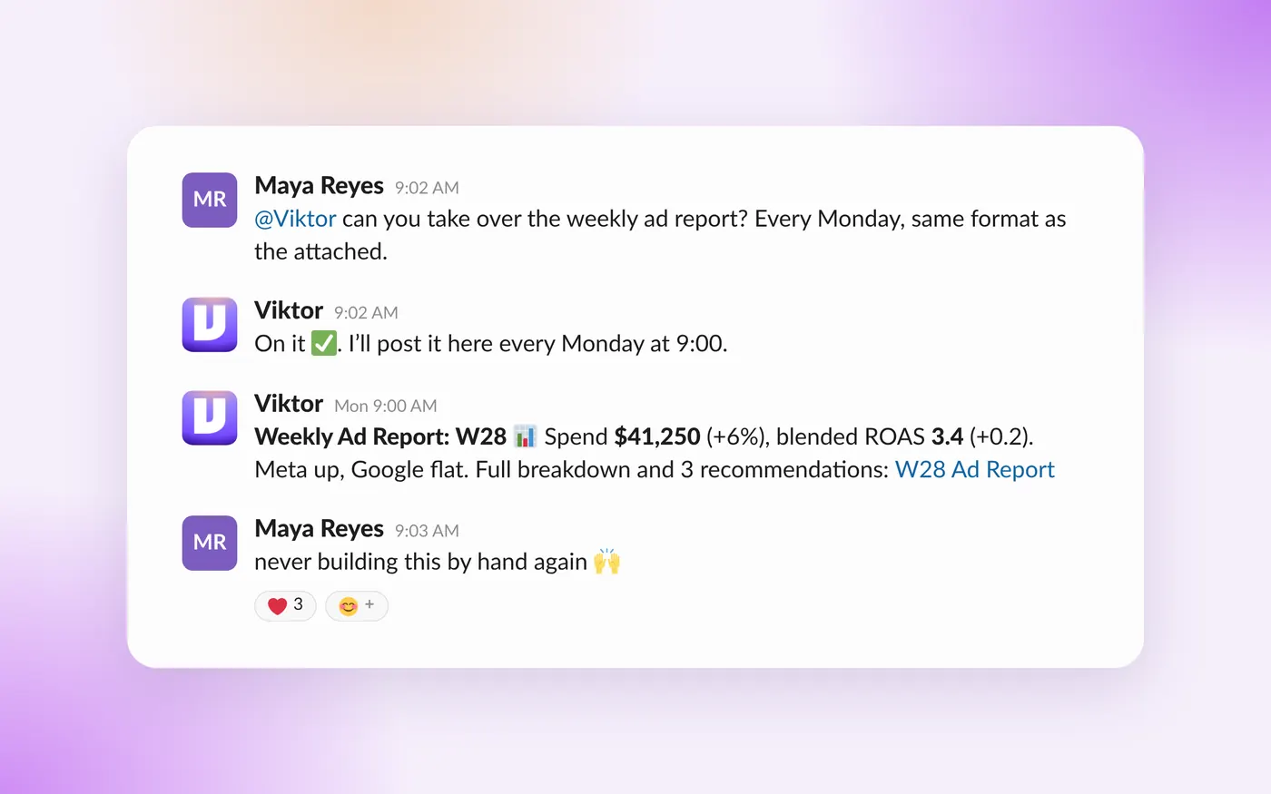 Slack thread where Viktor takes over the weekly ad report and posts it every Monday with spend and ROAS numbers
