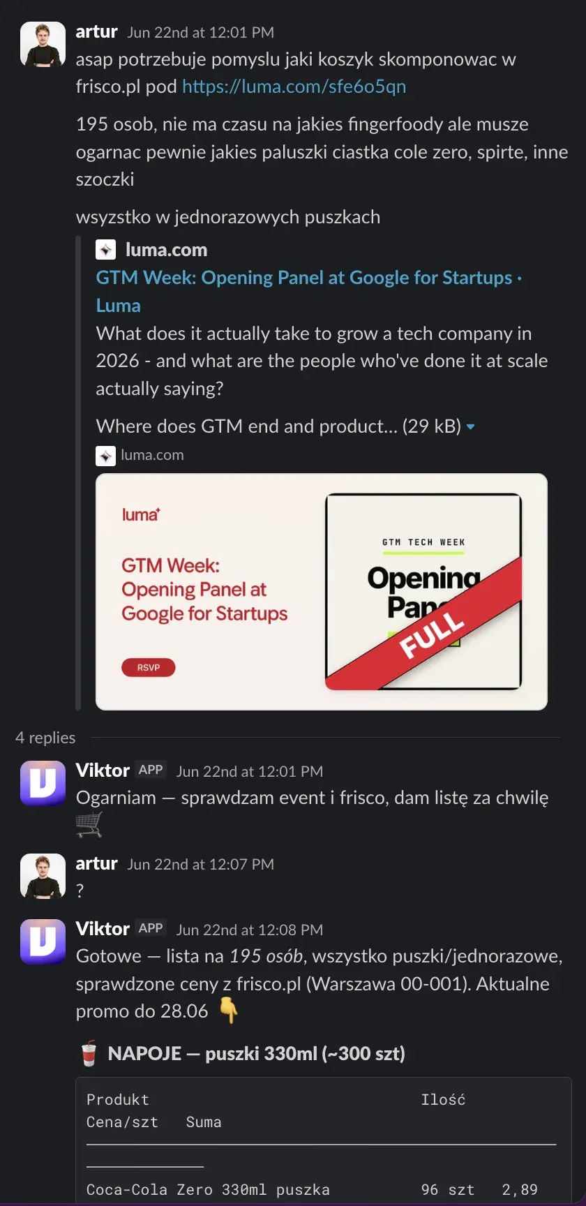 Slack thread where Viktor builds a full snack and drinks shopping list for the event in minutes