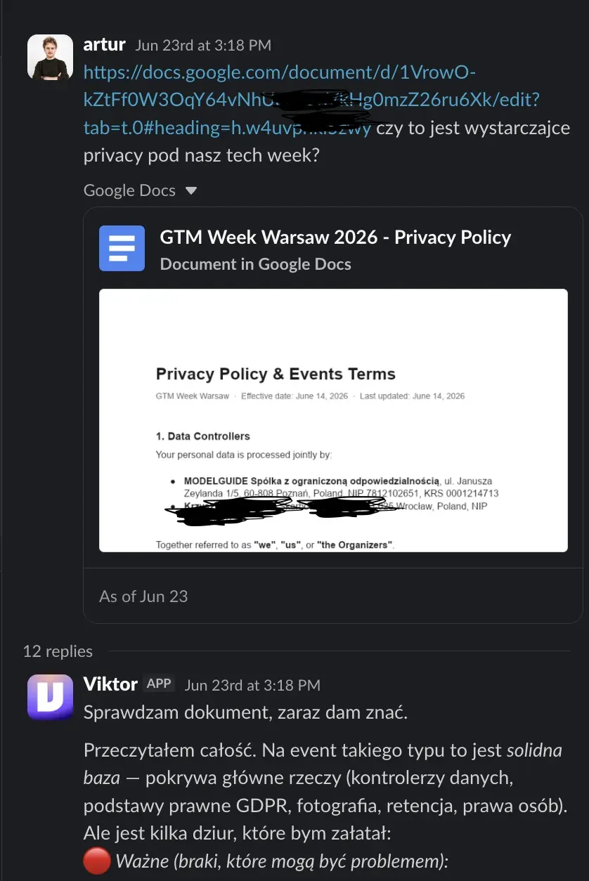 Slack thread where Viktor reviews the generated privacy policy and lists the gaps worth fixing