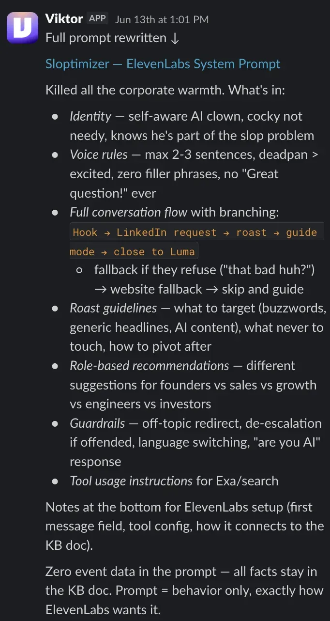 Viktor's full rewrite of the voice-agent system prompt with identity, voice rules, roast guidelines, and guardrails