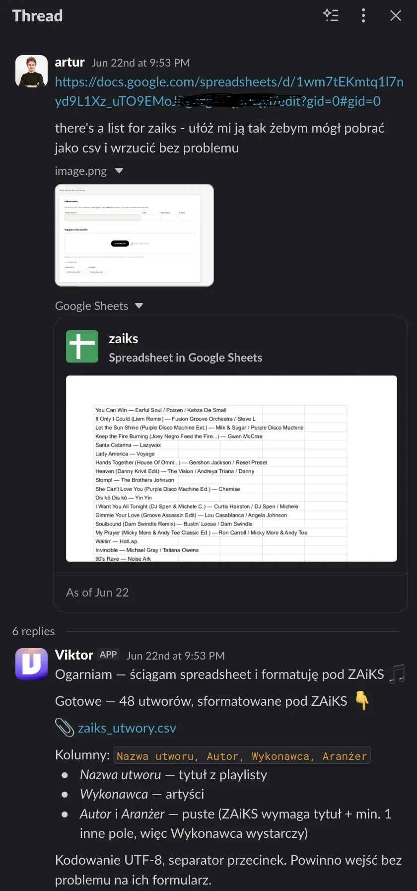 Slack thread where Viktor reformats the DJ playlist into the ZAIKS submission format, 48 tracks