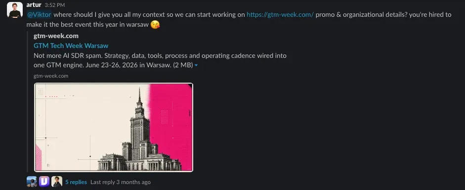 Slack screenshot of Artur's first message to Viktor about GTM Tech Week