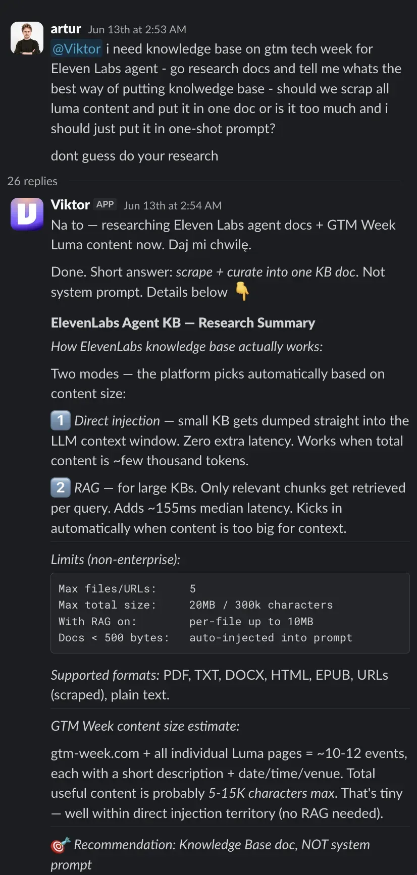 Slack thread where Viktor researches how ElevenLabs agent knowledge bases work and recommends a setup