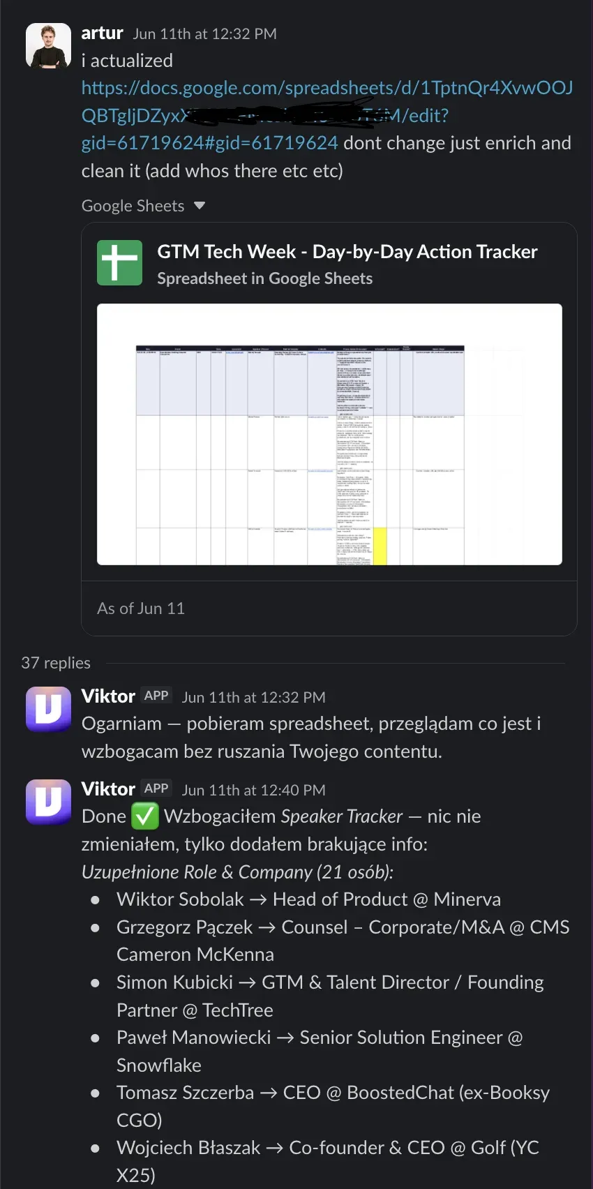 Slack thread where Viktor confirms it enriched the Speaker Tracker with roles and companies for 21 people