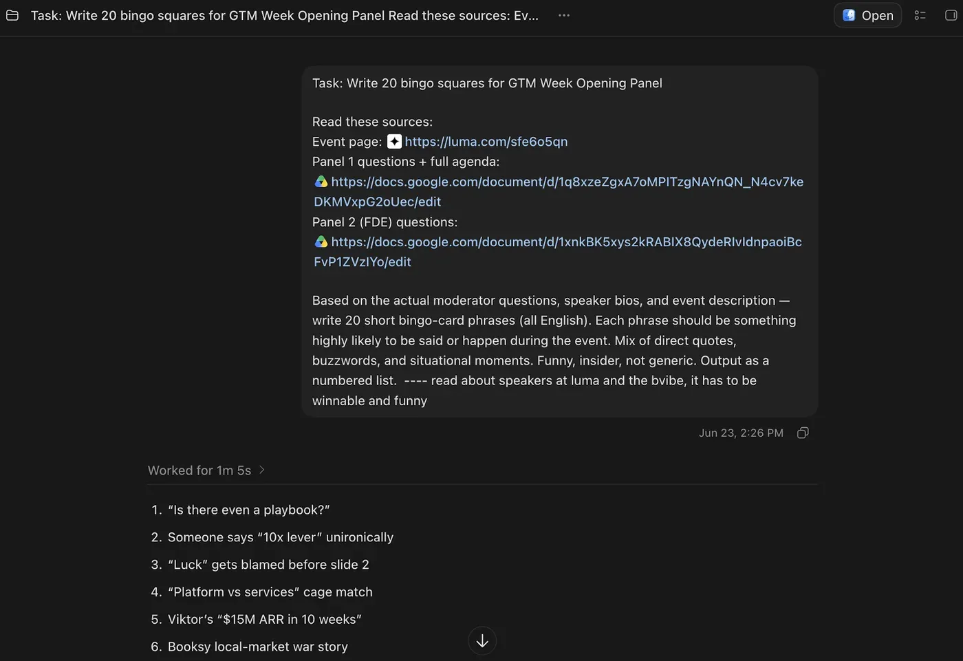 The bingo production brief with the event context and sourcing for the squares