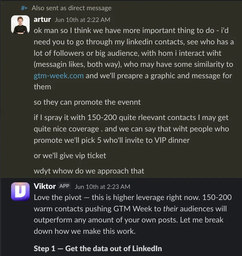 Slack DM where Artur asks Viktor to plan warm LinkedIn outreach and Viktor answers with a step-by-step approach