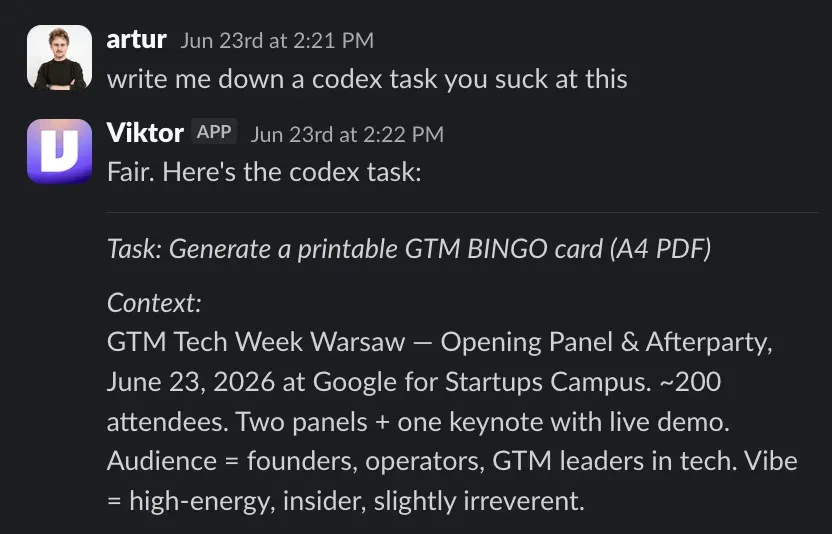 Slack exchange where Artur asks Viktor to write a Codex task for the part it was weaker at