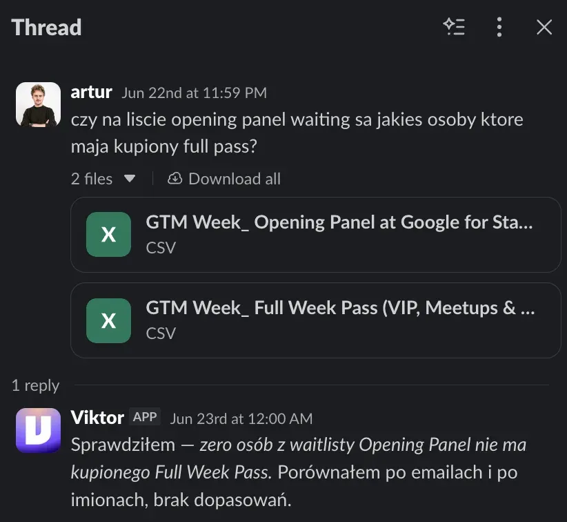 Slack thread where Viktor cross-checks the Opening Panel waitlist against Full Week Pass buyers and finds zero matches