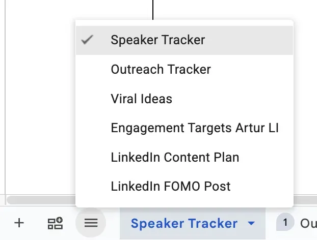The tracker's spreadsheet tabs: Speaker Tracker, Outreach Tracker, Viral Ideas, Engagement Targets, LinkedIn Content Plan, LinkedIn FOMO Post