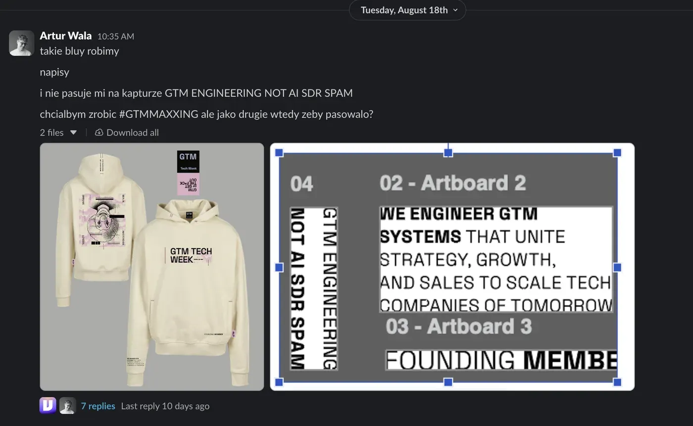 Slack message with the hoodie mockups and artboards where Artur asks for help with the hood print