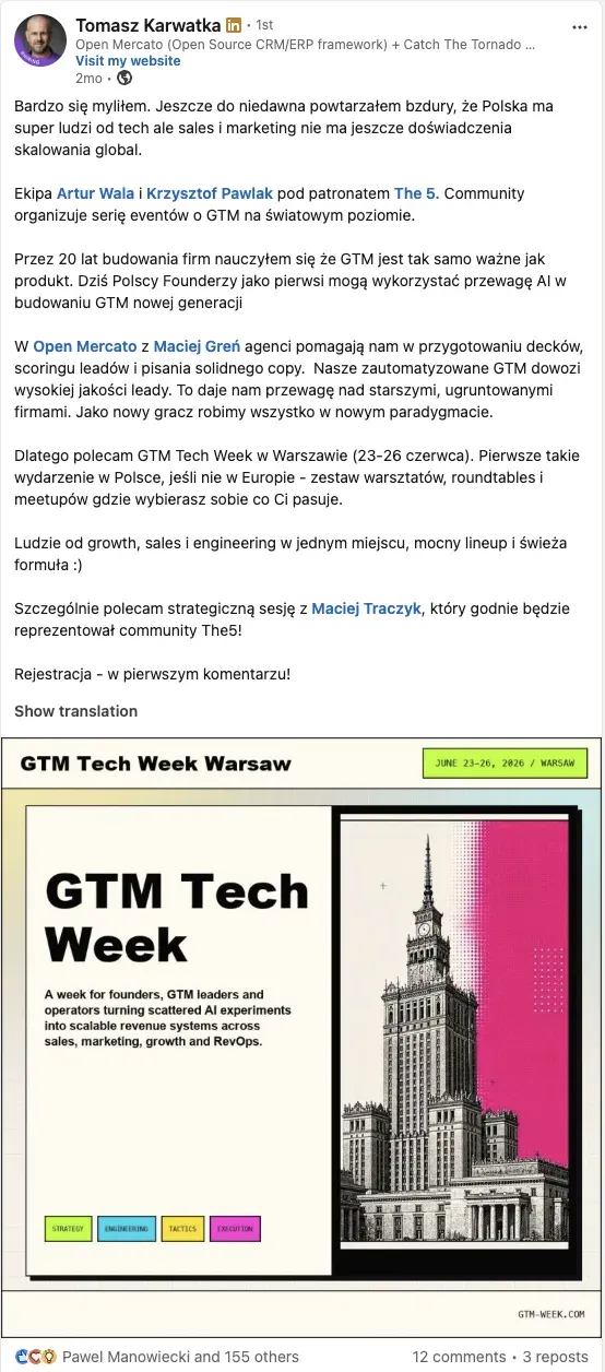 Tomek Karwatka's published LinkedIn post recommending GTM Tech Week
