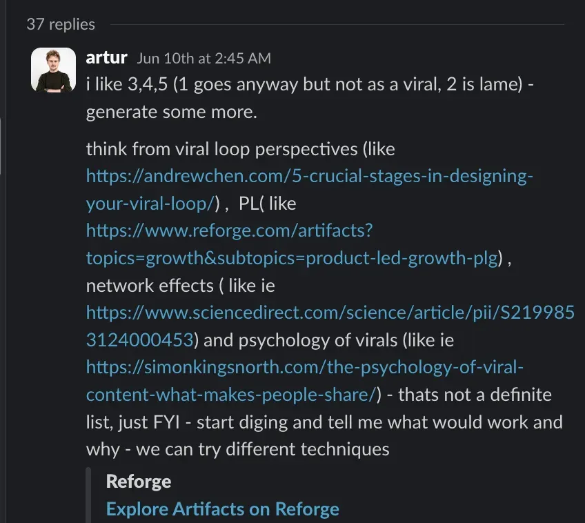 Slack thread where Artur reacts to the viral ideas and shares growth-loop research links