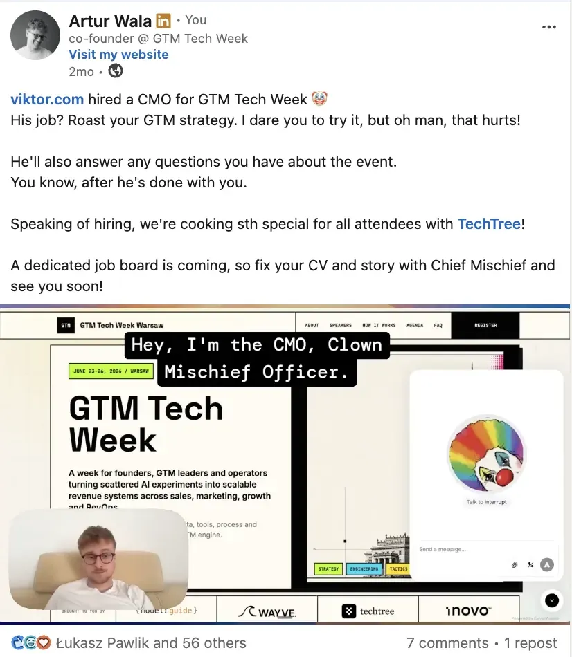 Artur's LinkedIn post announcing viktor.com as the CMO, Clown Mischief Officer, of GTM Tech Week