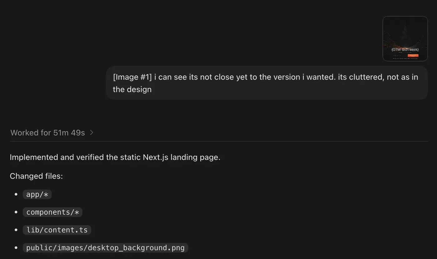 Codex output confirming an implemented and verified static landing page in the repository