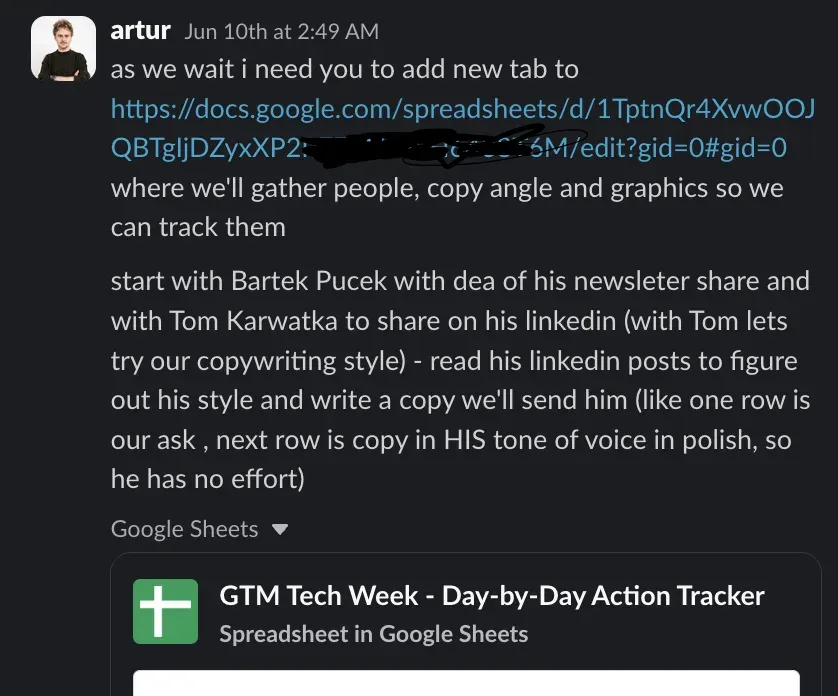 Slack message where Artur asks Viktor to add a speaker tab to the tracker and study Tomek Karwatka's writing style
