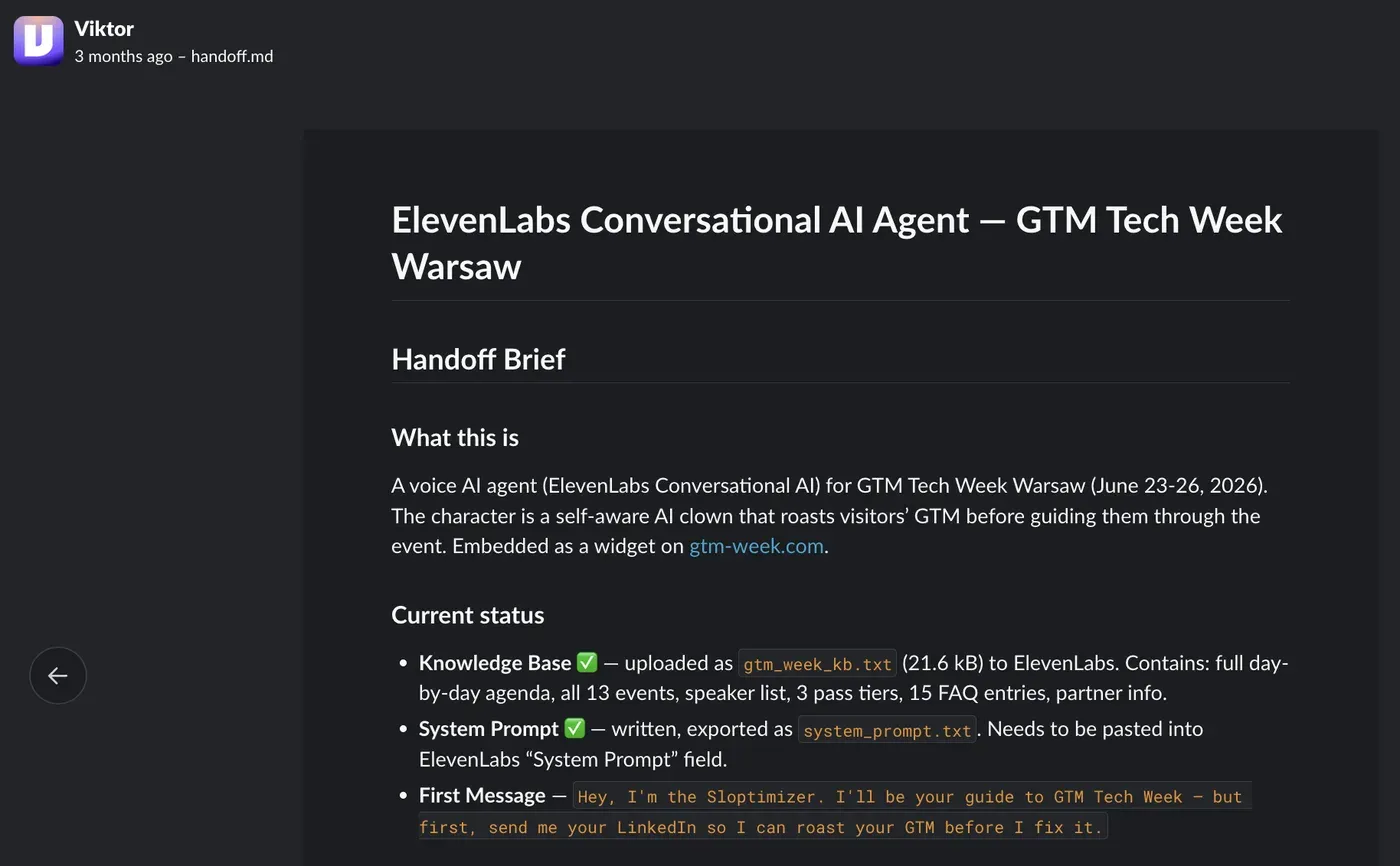 The handoff brief for the ElevenLabs conversational agent with what it is and current status