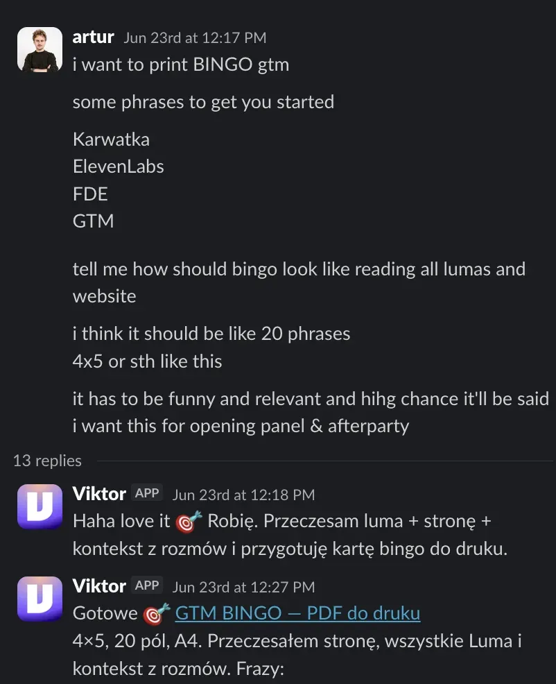 Slack thread where Artur asks for a printable GTM bingo and Viktor returns the print-ready PDF