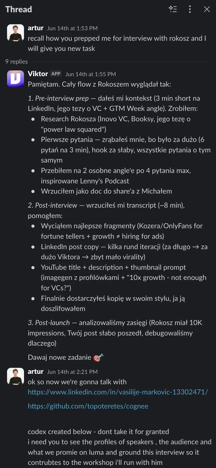 Slack thread where Viktor recaps the full Rokosz interview prep flow: pre-interview questions, post-interview cuts, and launch analysis