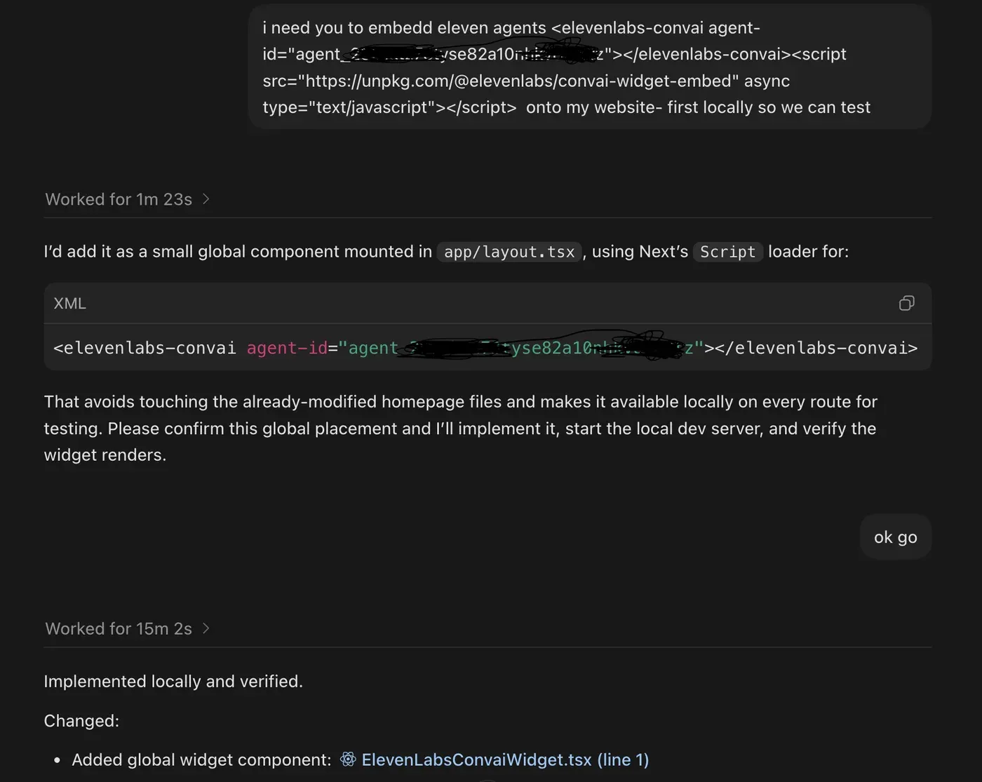 Codex output after embedding the ElevenLabs conversational widget on the site