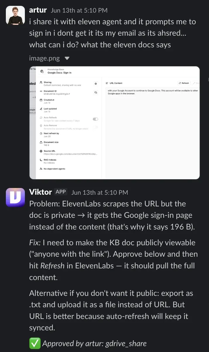 Slack thread where Viktor diagnoses why ElevenLabs could not read a private Google Doc and proposes the fix