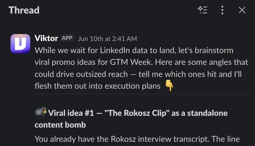 Slack message from Viktor at 2:41 AM proposing viral promo ideas for GTM Tech Week