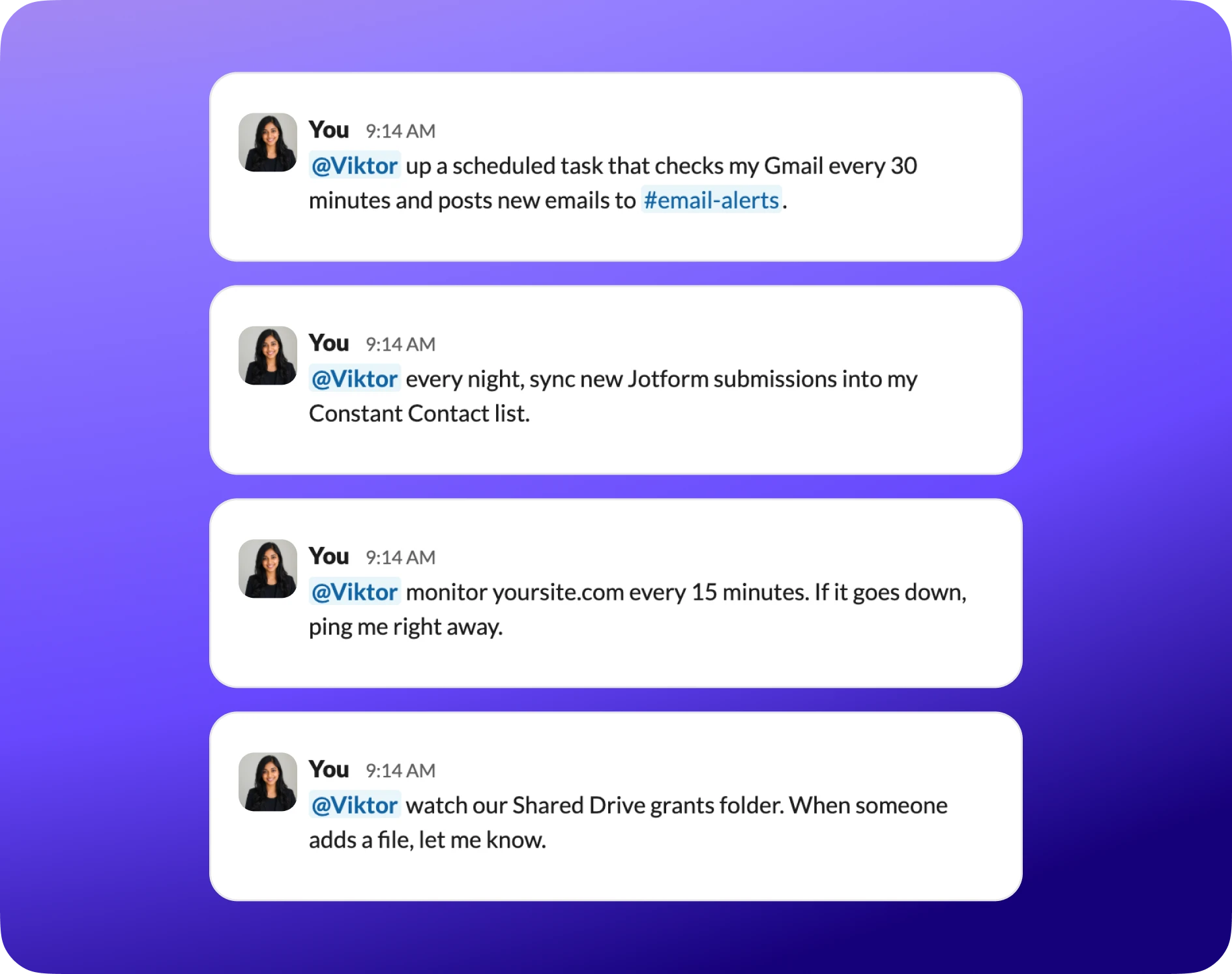 Four script cron examples in Slack