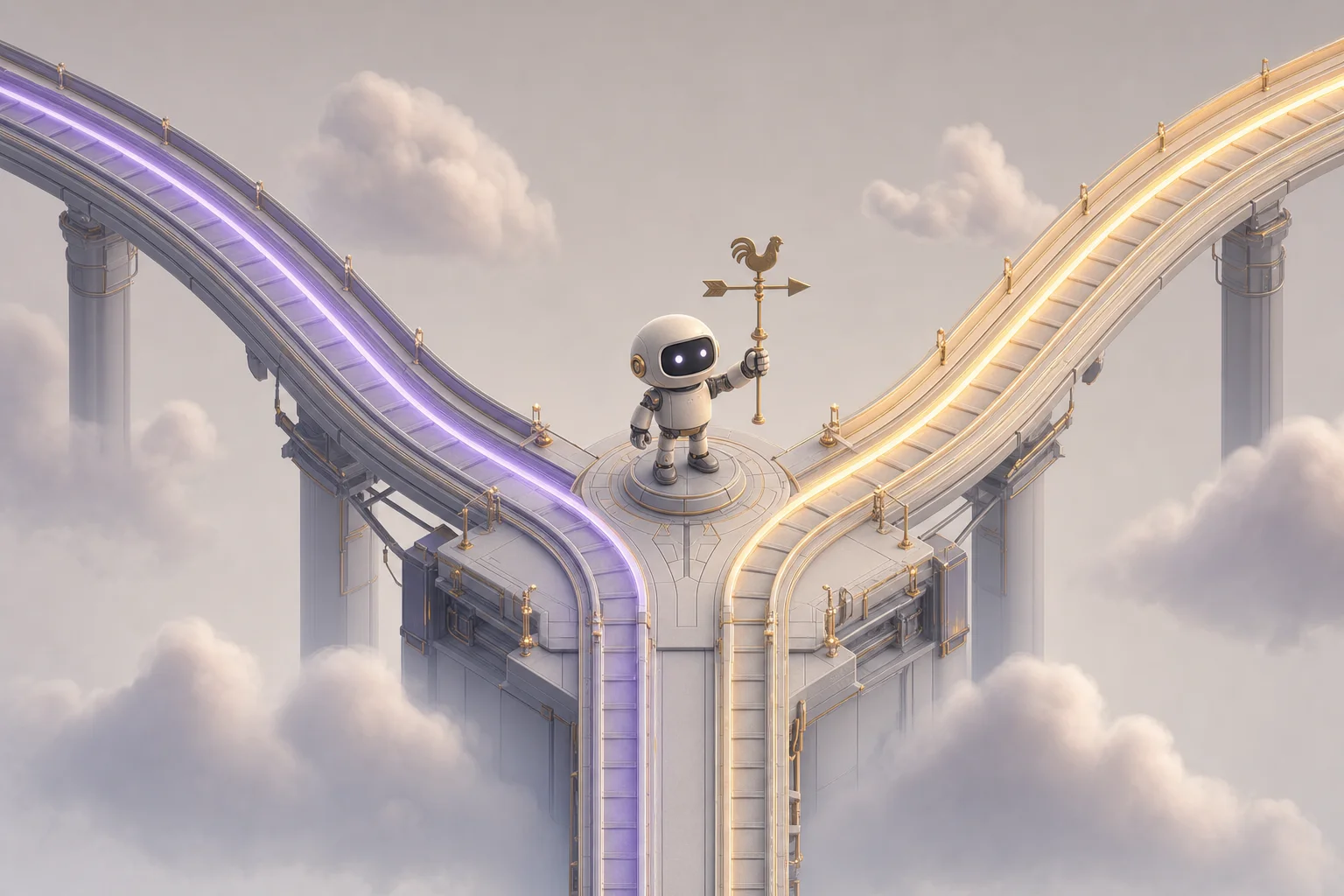 Isometric illustration of a robot with a weather vane standing where two elevated paths diverge