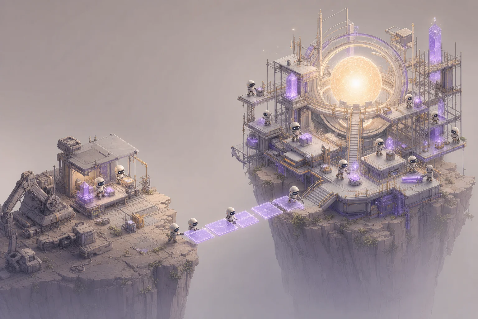 Isometric illustration of robots bridging two cliffs with light translucent planks while heavy machinery sits unused