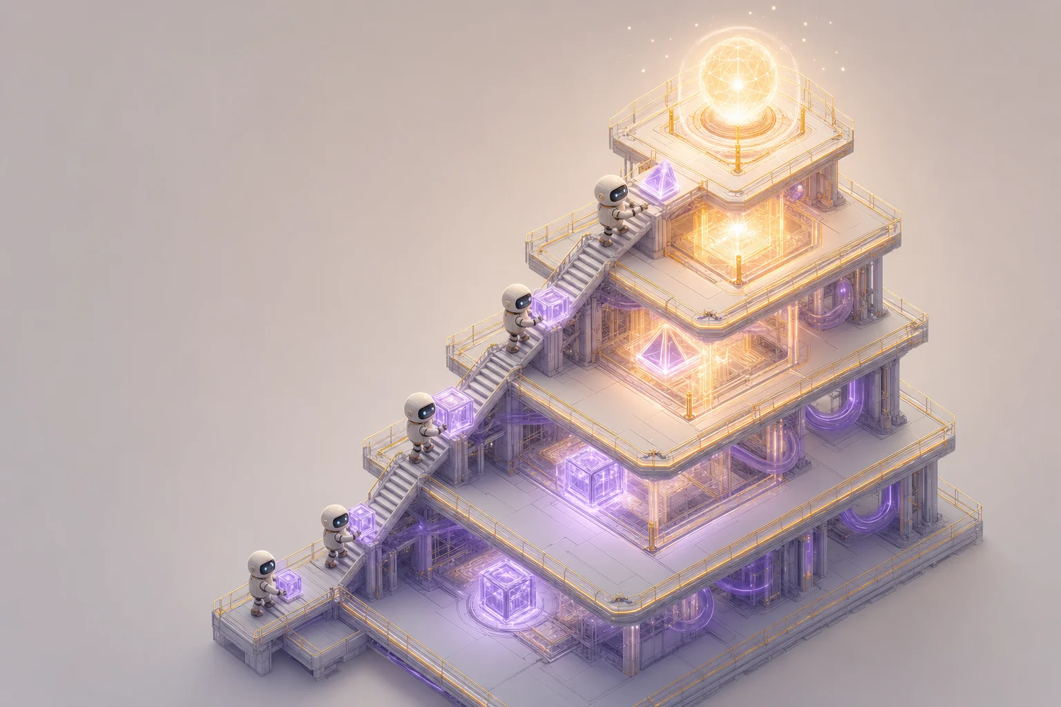 Isometric illustration of robots carrying glowing modules up an ascending tower, each level brighter