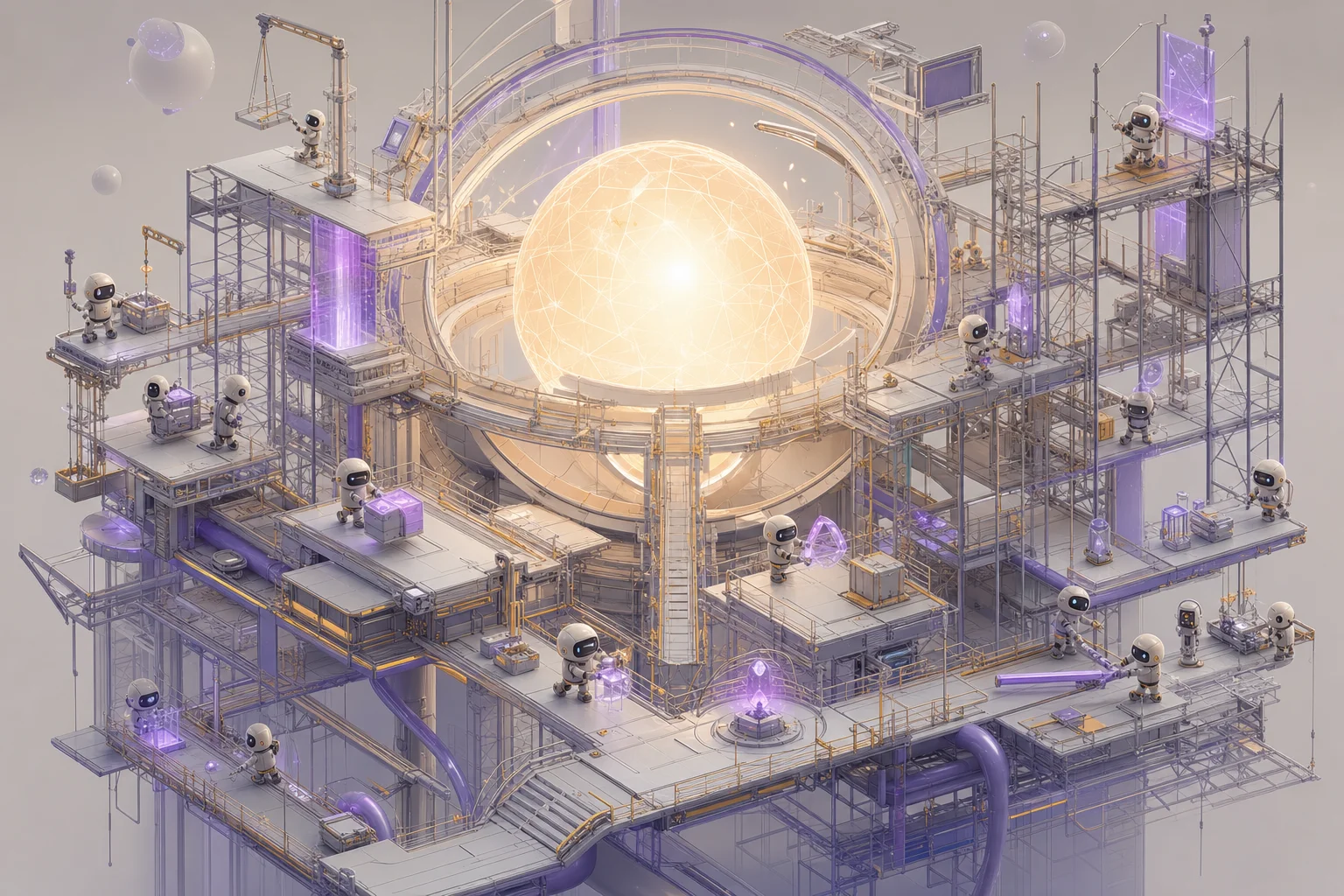 Isometric illustration of small robots building a vast scaffold habitat around a luminous orb