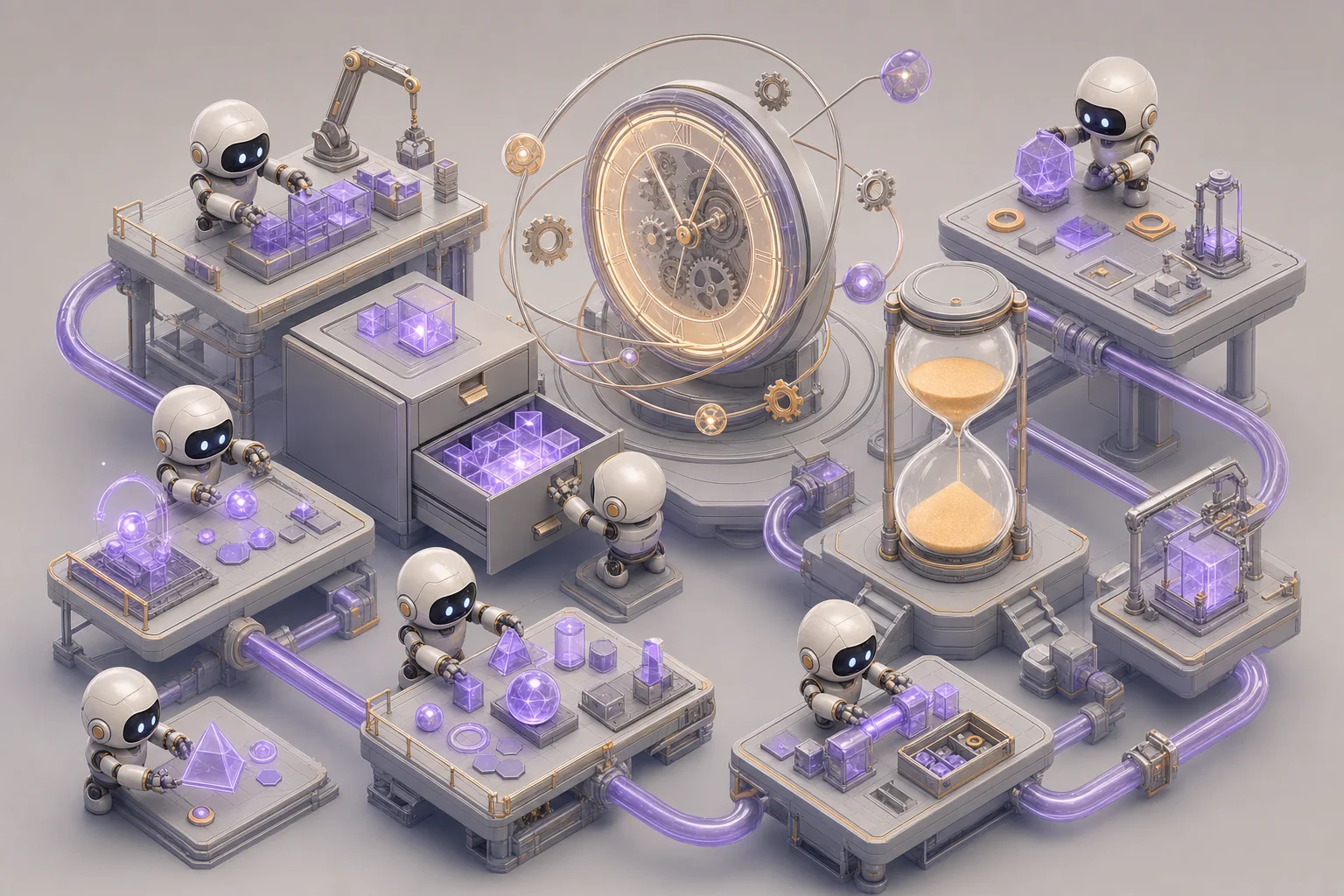 Isometric illustration of robots arranging primitives: a shared cabinet, a large clock, an hourglass, connected workbenches