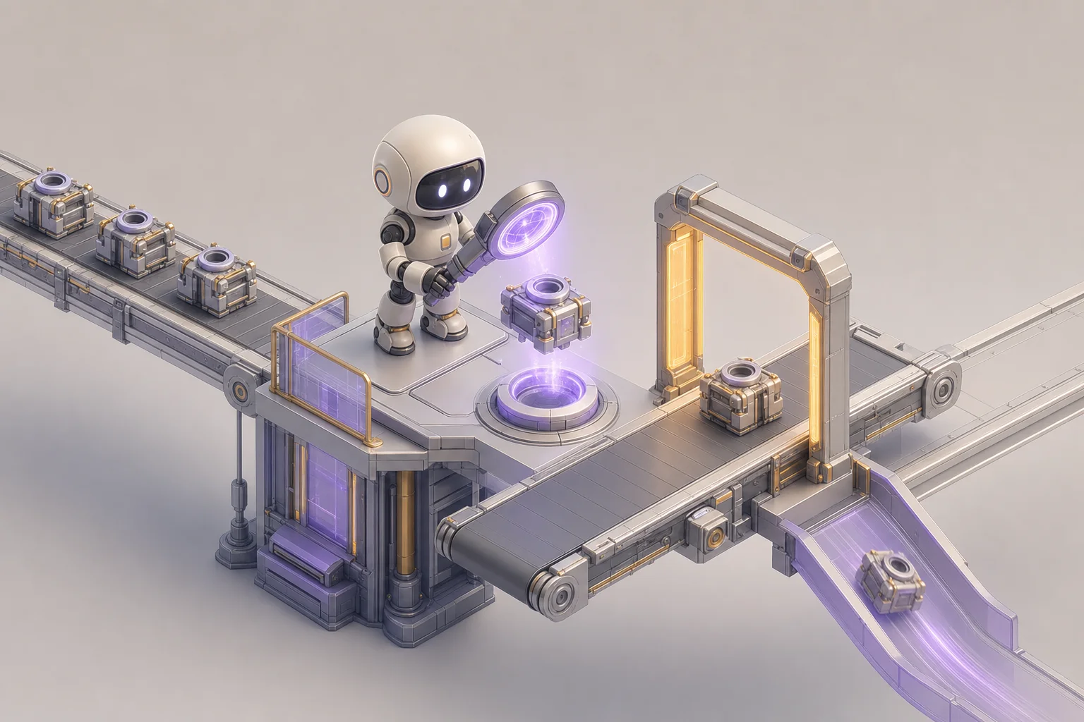 Isometric illustration of a robot inspecting a component with a glowing lens above a conveyor belt