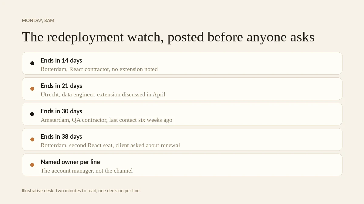 A weekly redeployment list posted in a channel with the account manager named on each line