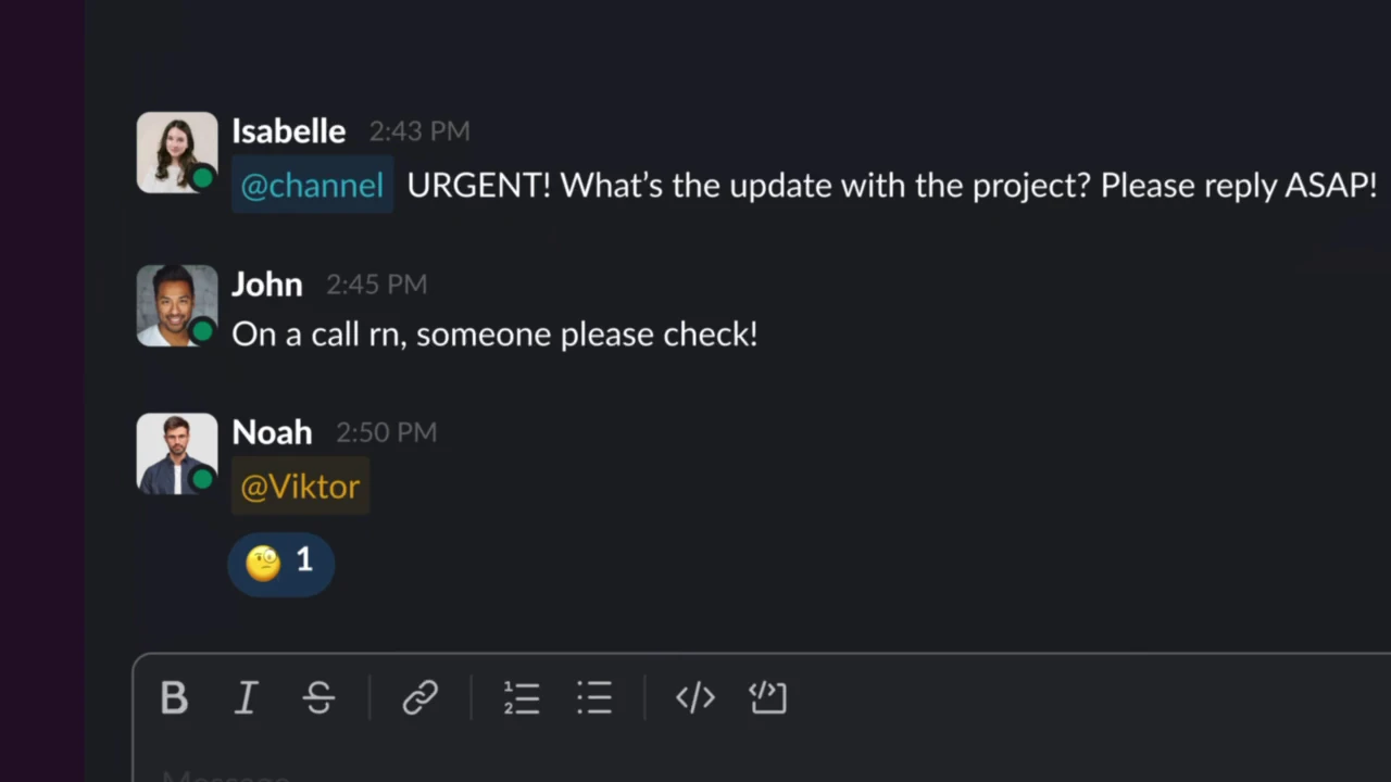 A team escalating an urgent production question to their AI employee in Microsoft Teams