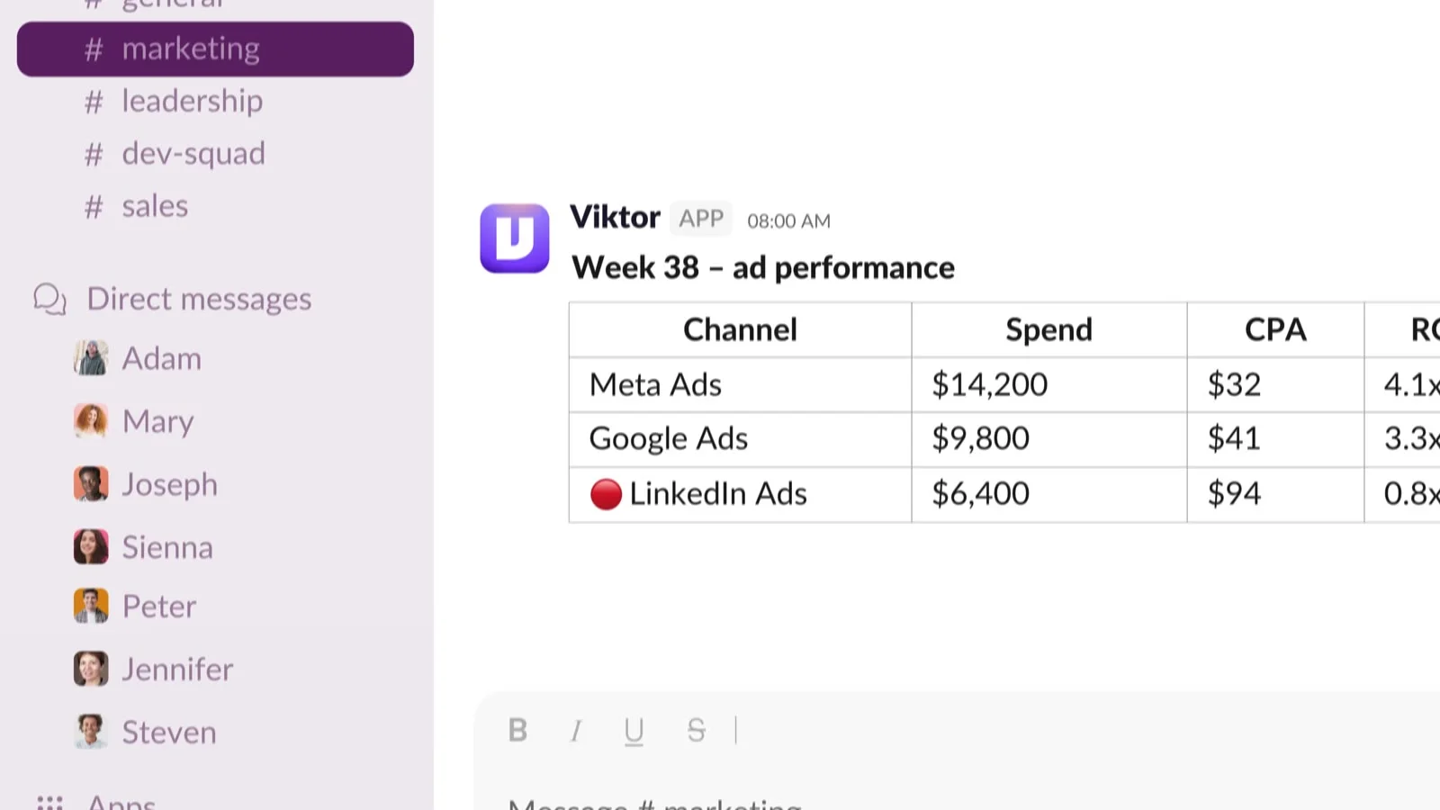 A weekly ads report table generated by an AI employee