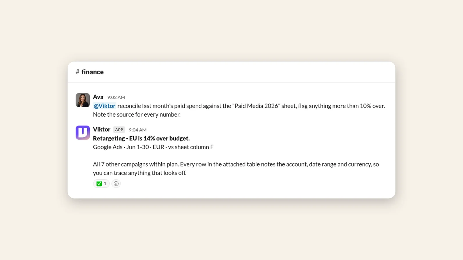 A Slack thread where a paid-spend reconciliation arrives with the source noted for every number