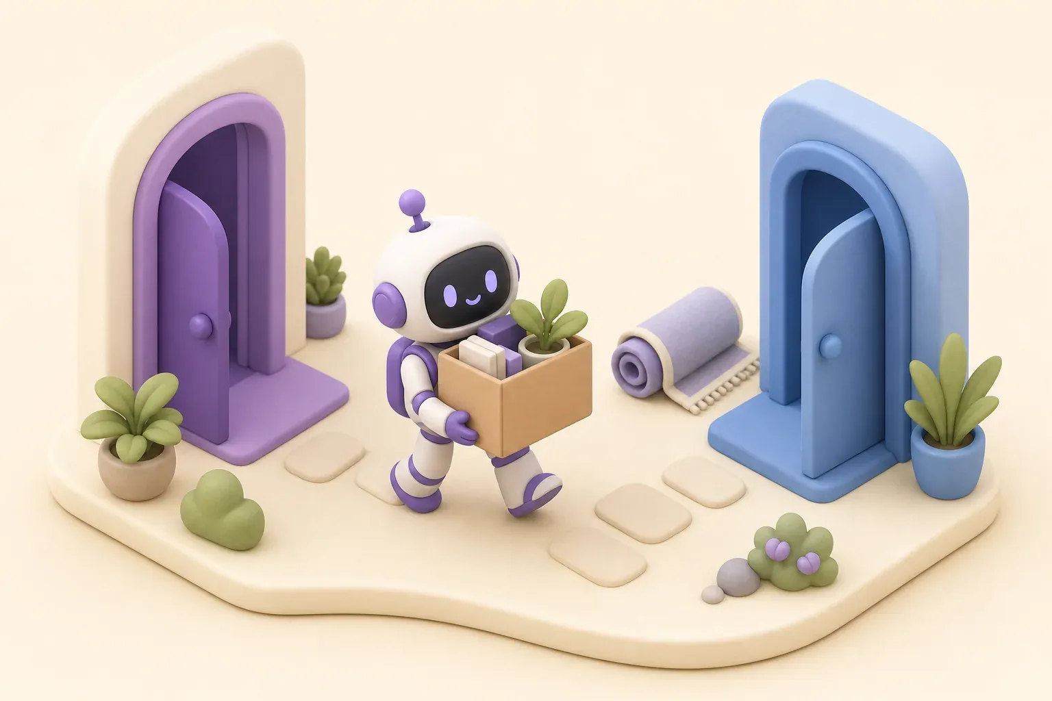 A small robot carrying a moving box between two doorways