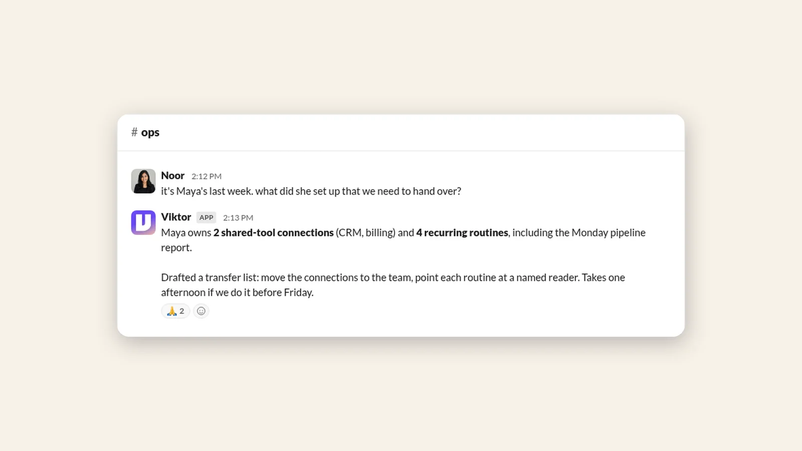 A Slack thread where the team asks what needs handing over before a departure and Viktor lists the connections and routines to transfer