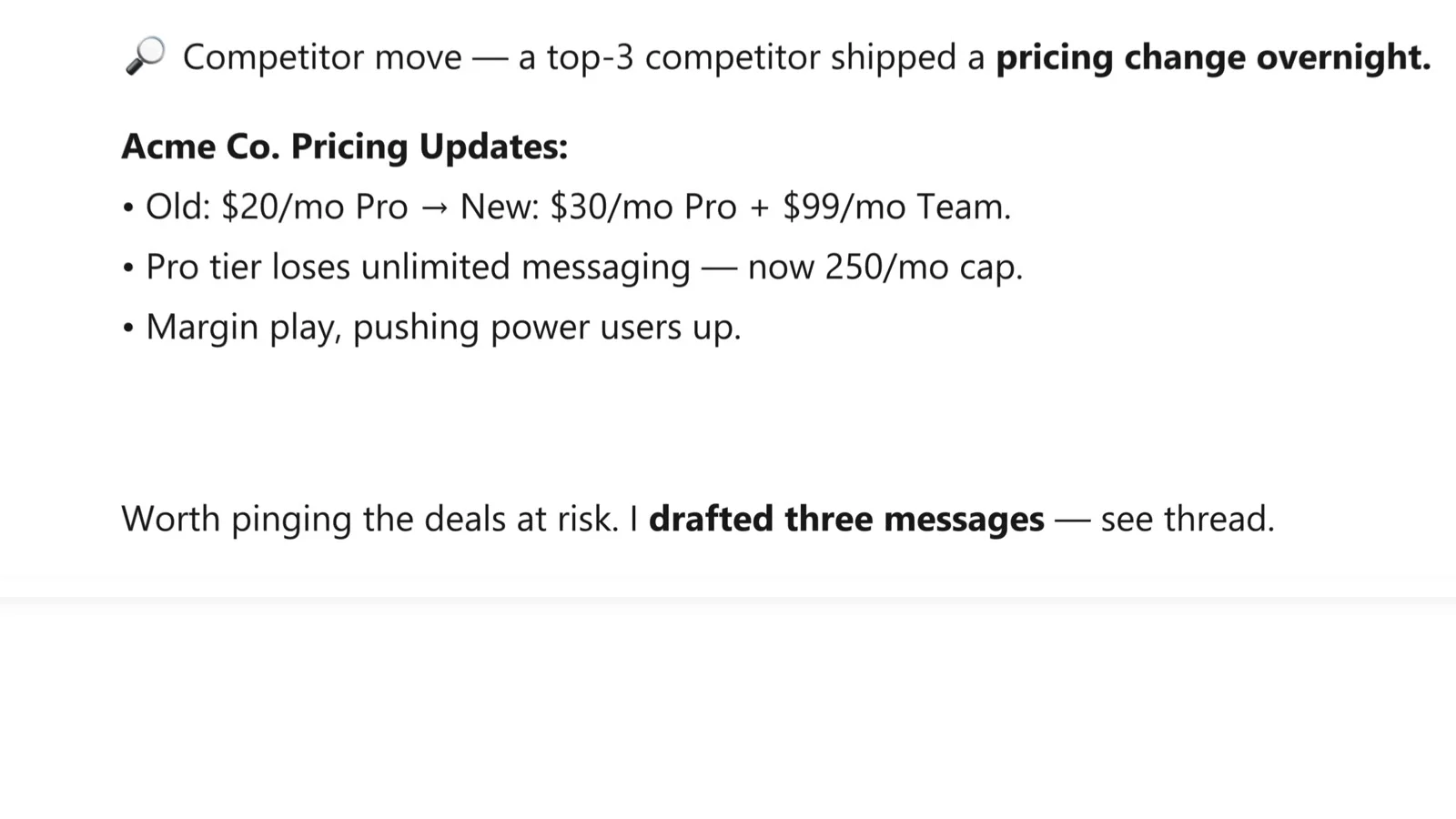 An AI employee presenting three drafted messages for human review