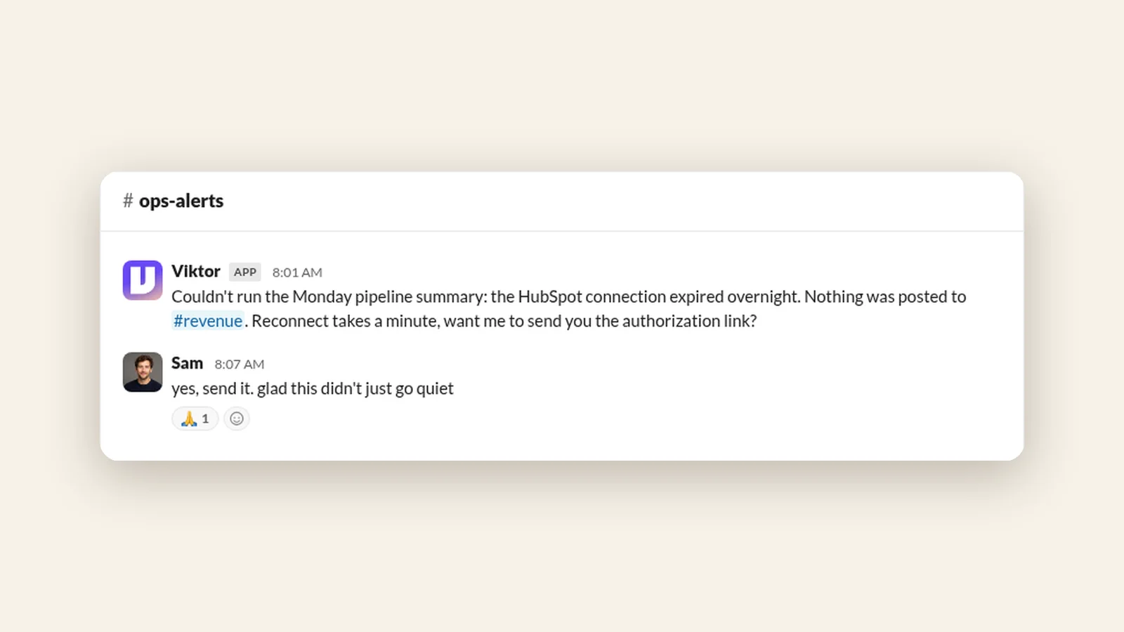 A failure alert posted to an ops channel instead of silence