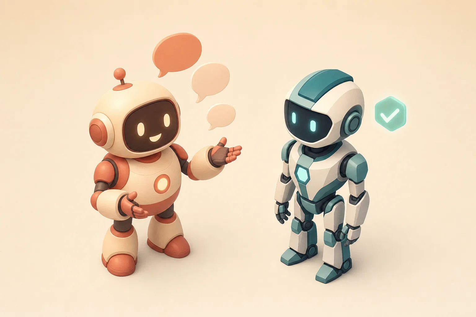 Two small robots side by side: a warm, round terracotta robot gesturing cheerfully with speech bubbles floating above it, and a sleek, composed teal robot standing quietly with a single checkmark beside it.